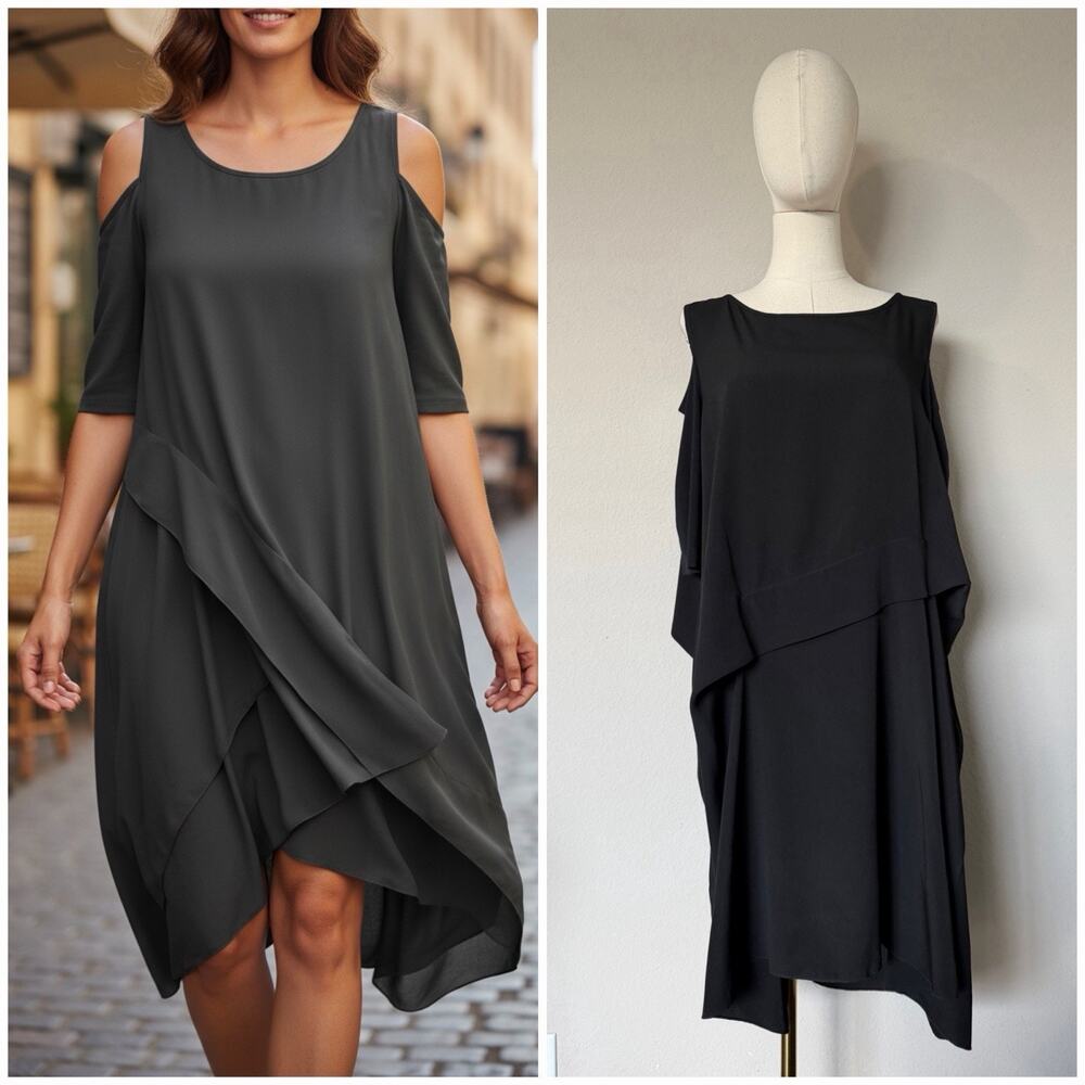 COMFY USA Size S Black Cold Shoulder Chiffon Draping Asymmetrical Dress